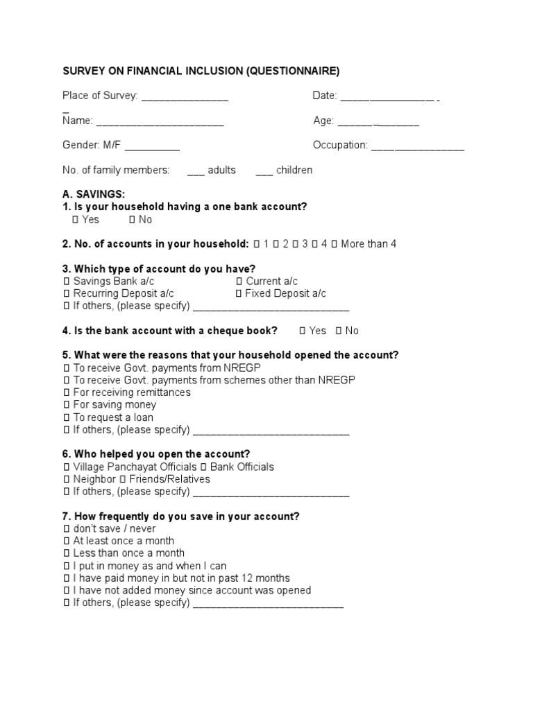 Questionnaire of Financial Inclusion | Download Free PDF | Loans ...