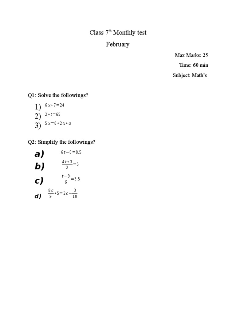 7th Grade Math Monthly Test February | PDF