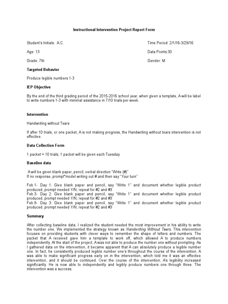 Handwriting Intervention Progress Report | PDF