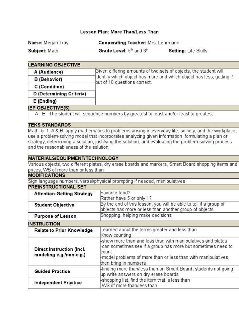 Lesson Plan-Greater Than Less Than | PDF | Teaching Mathematics | Lesson  Plan