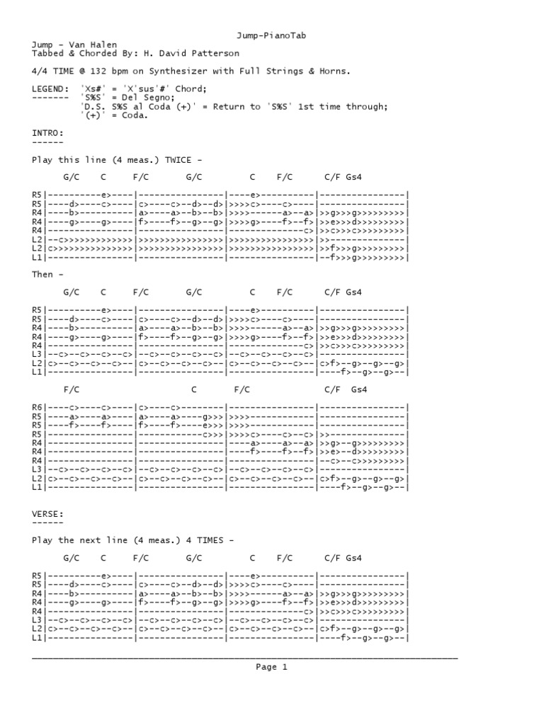 Van Halen Jump Piano Tab Musical Compositions Elements Of Music