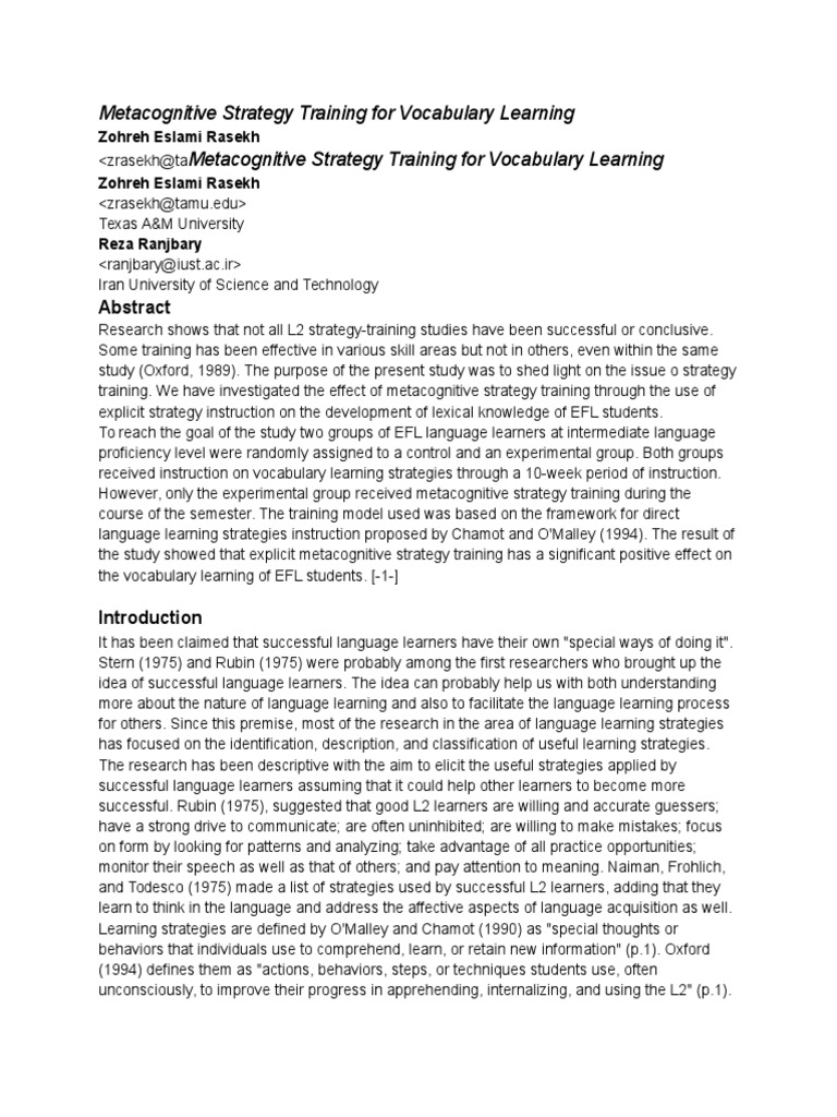 Metacognitive Strategy Training For Vocabulary Learning Metacognitive ...