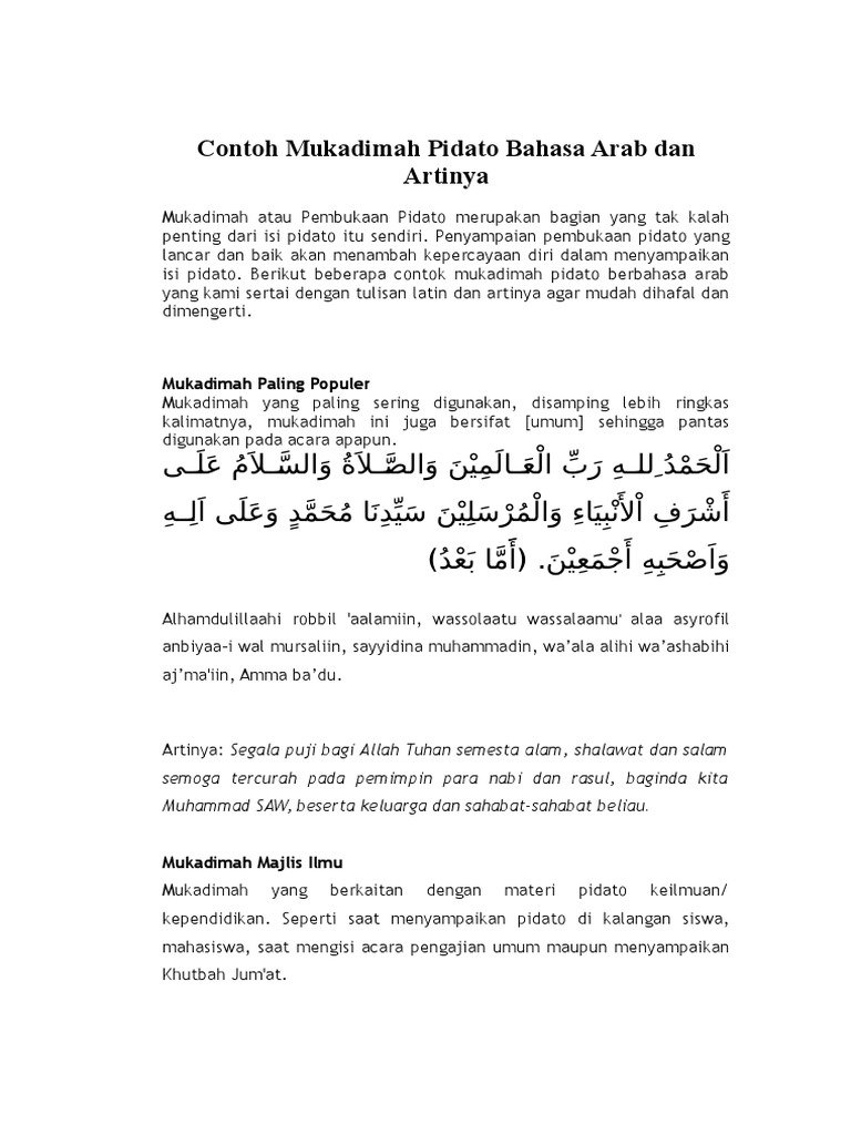 Contoh Mukadimah Pidato Bahasa Arab Dan Artinya