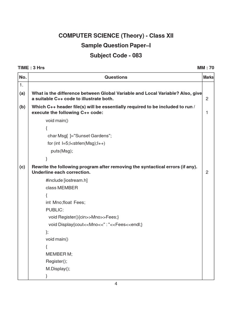 Computer Science (Theory) - Class Xii Sample Question Paper-I Subject ...