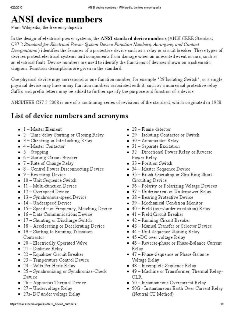 ANSI Device Numbers - Wikipedia, The Free Encyclopedia | PDF | Relay ...