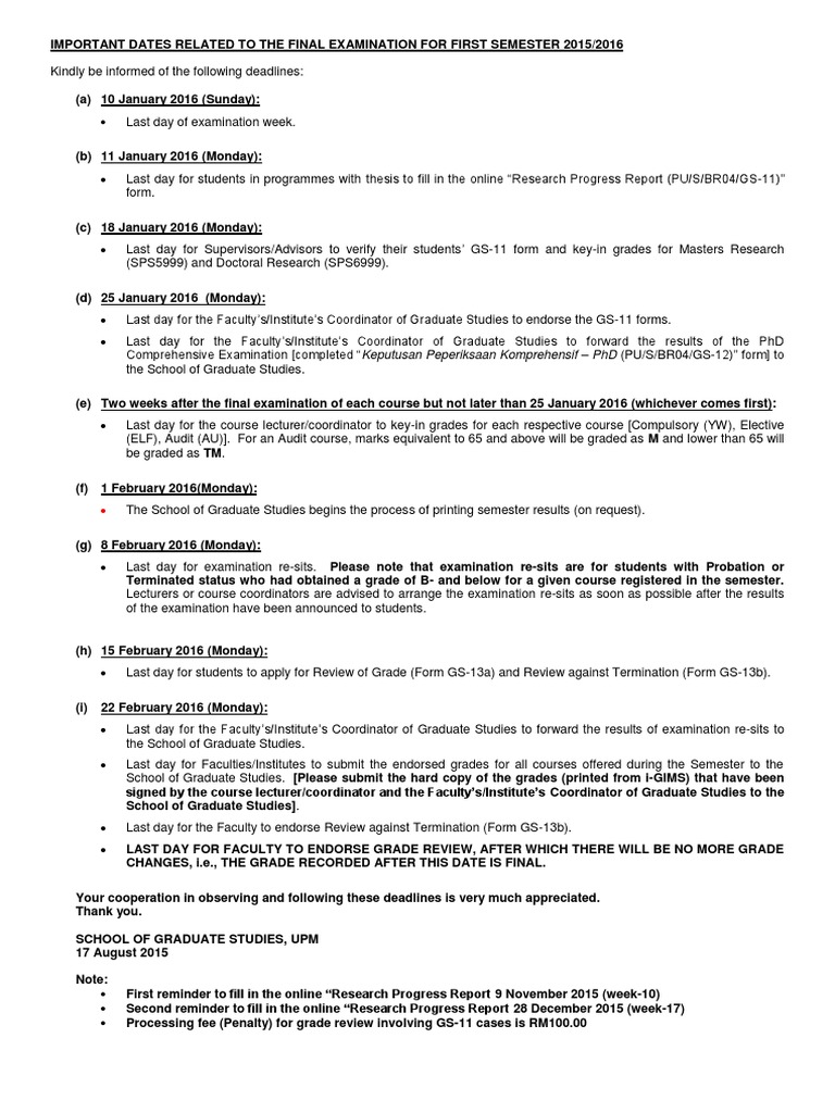 Important Dates - Final Examination First Sem 2015-16 PDF | PDF ...