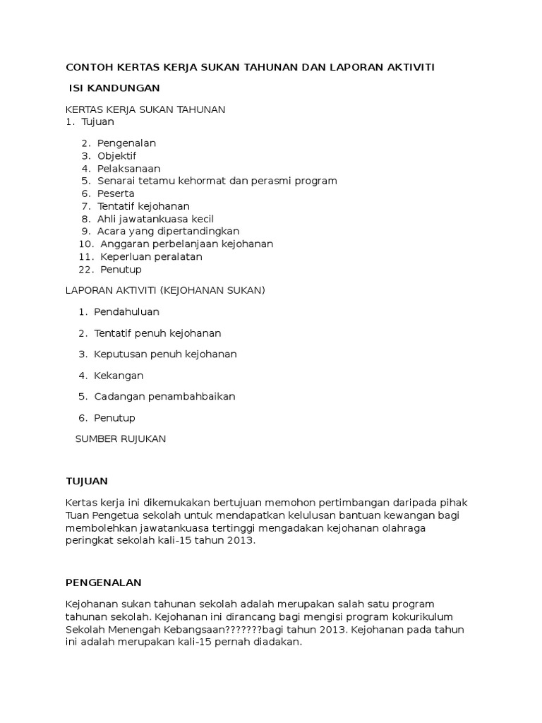 Contoh Kertas Kerja Sukan Tahunan Dan Laporan Aktiviti