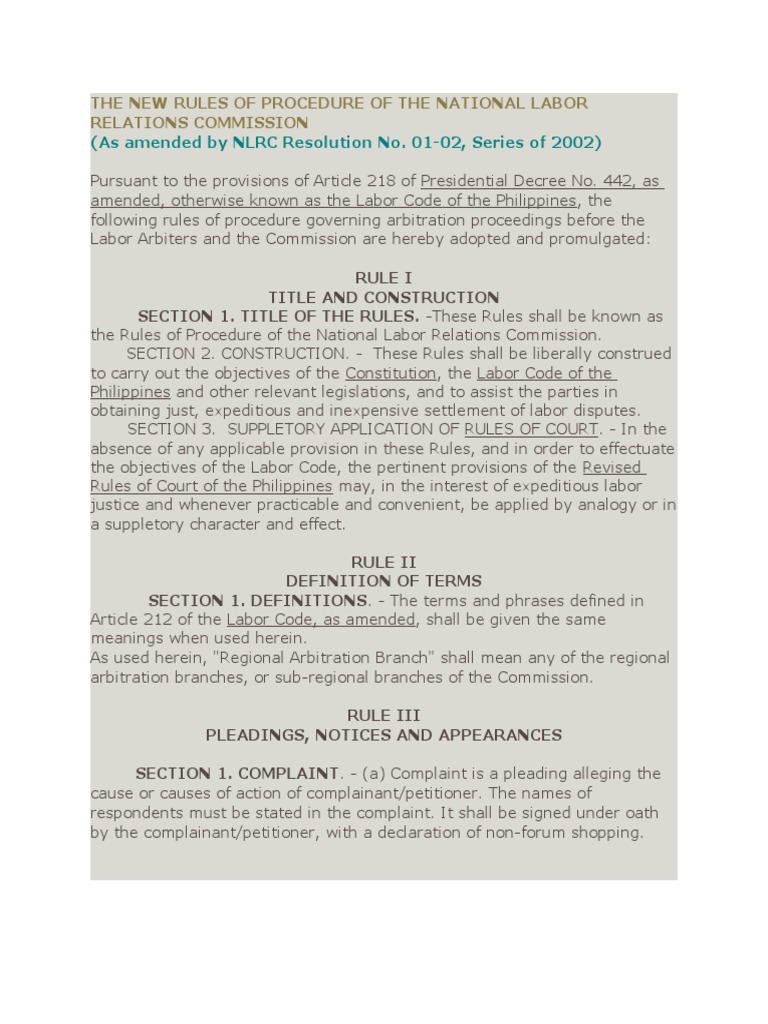 NLRC Rules of Procedure 2024 | PDF | Arbitration | Complaint
