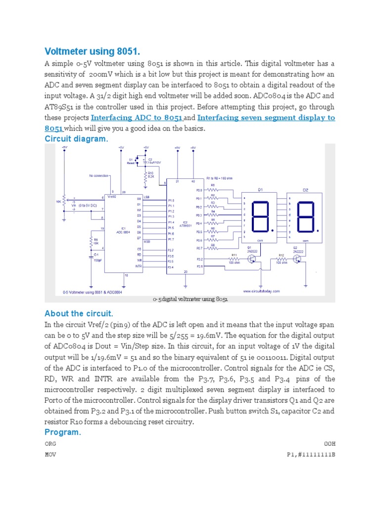 Voltmeter Using 8051. Circuit Diagram PDF Analog To Digital