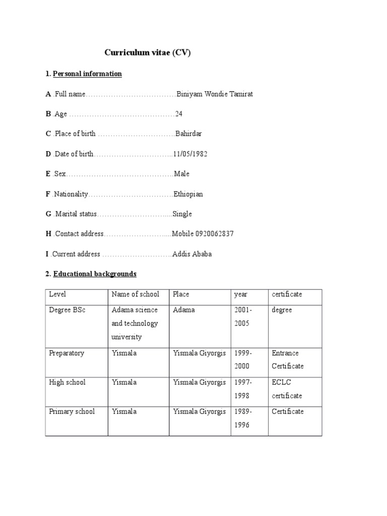 Ethiopian CV Format Example | PDF | Ethiopia | Computing