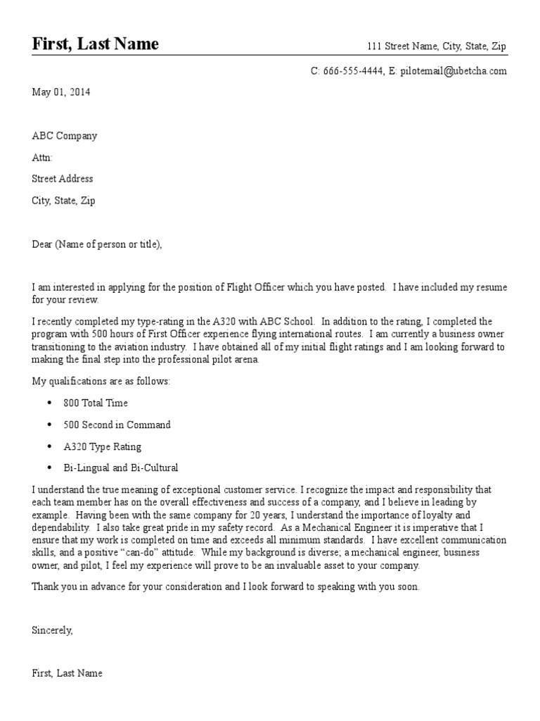 a cover letter for a pilot