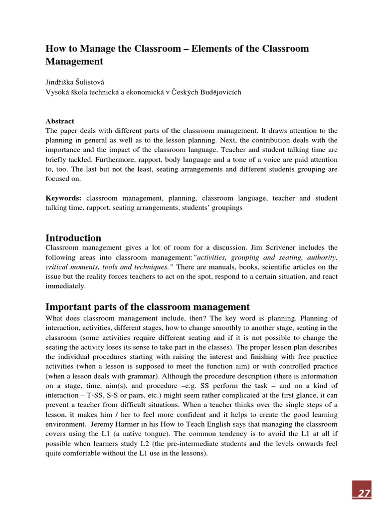 Elements of Classroom Management | PDF | Classroom Management | First ...