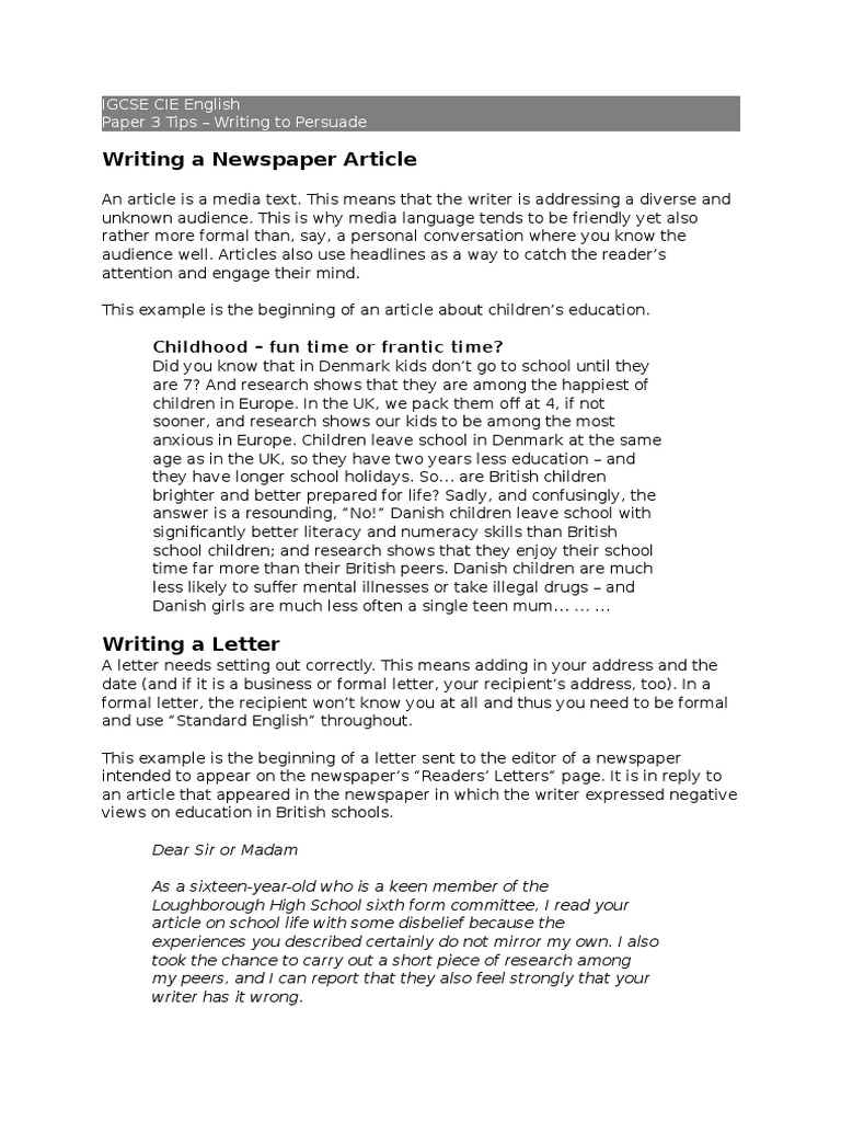 CIE English 0500 Paper 3 Persuasion Tips Denmark Ellipsis