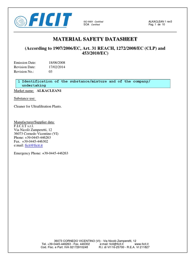 ALKACLEAN1 Material Safety Datasheet | PDF
