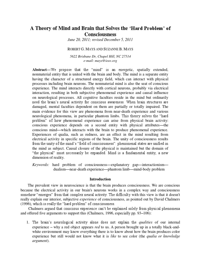 A Theory of Mind and Brain That Solves The Hard Problem' of ...