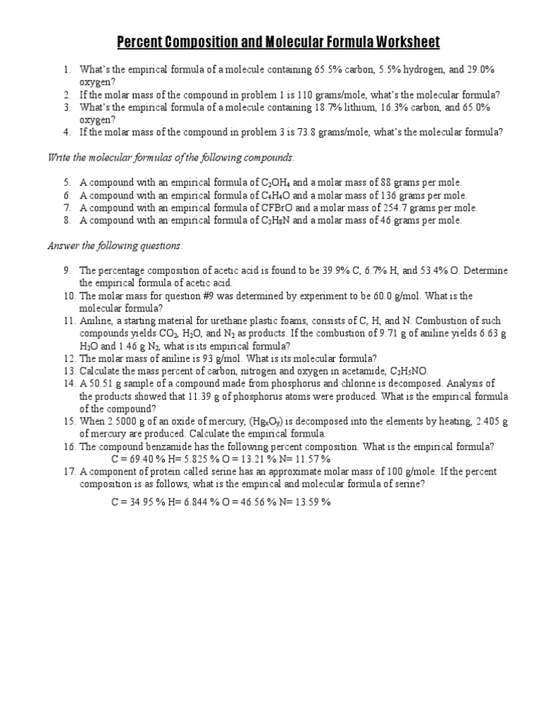 Percent Composition And Molecular Formula Worksheet Mole Unit Molecules