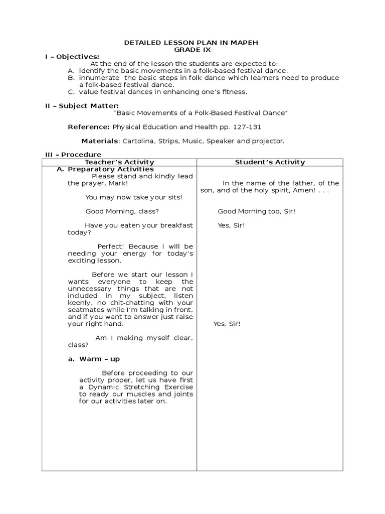 Detailed MAPEH Lesson Plan: Folk Dance | PDF | Lesson Plan | Dances