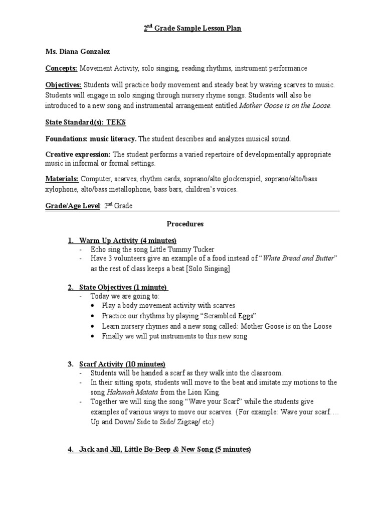 2nd Grade Sample Lesson Plan | PDF | Scarf | Singing