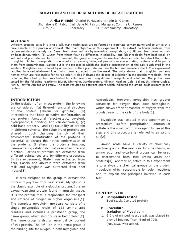Myoglobin Isolation and Color Tests | PDF | Hemoglobin | Proteins