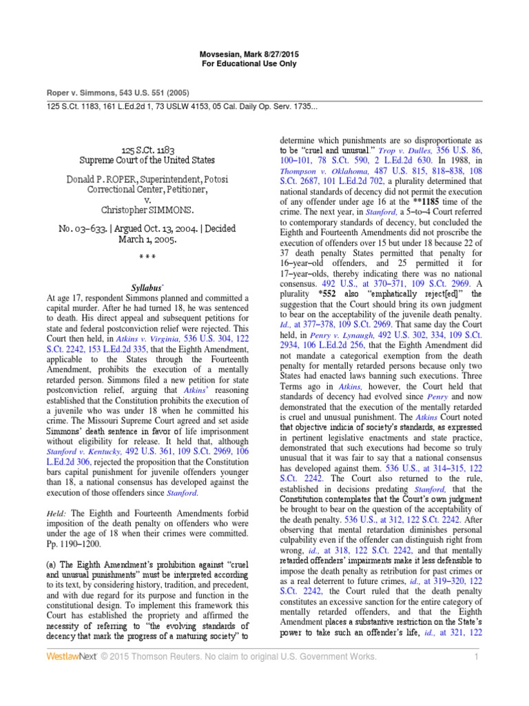 Roper v Simmons (Edited) (1) Eighth Amendment To The United States