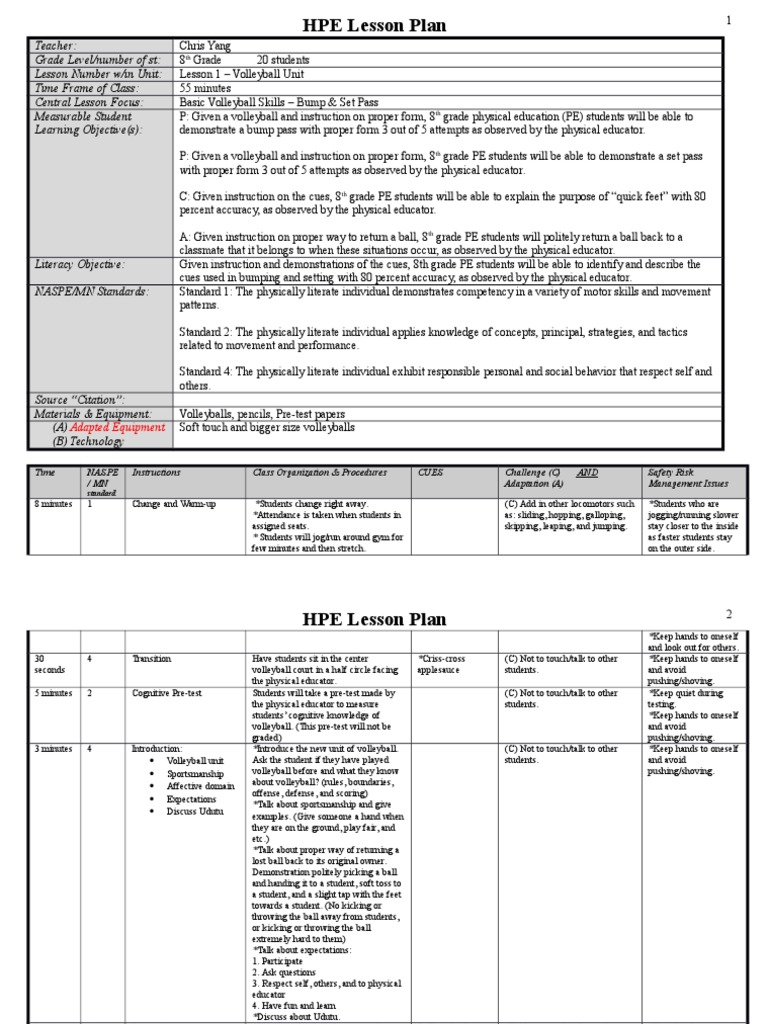 hpe 458 volleyball lesson plan 1 ct fall 2015 Physical Education