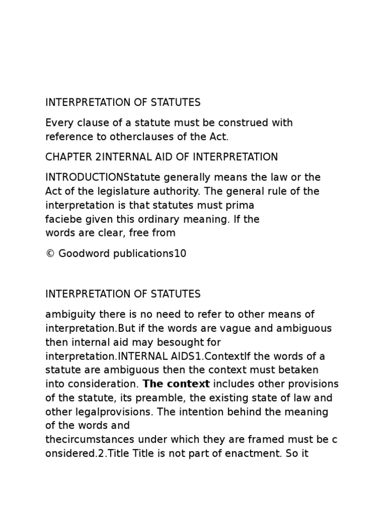 Interpretation of Statutes...Internal Aid Plain Meaning Rule