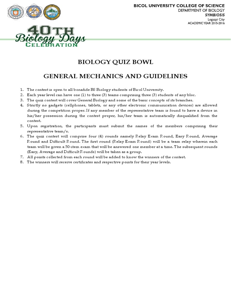 Biology Quiz Bowl Mechanics and Guidelines PDF Question Multiple