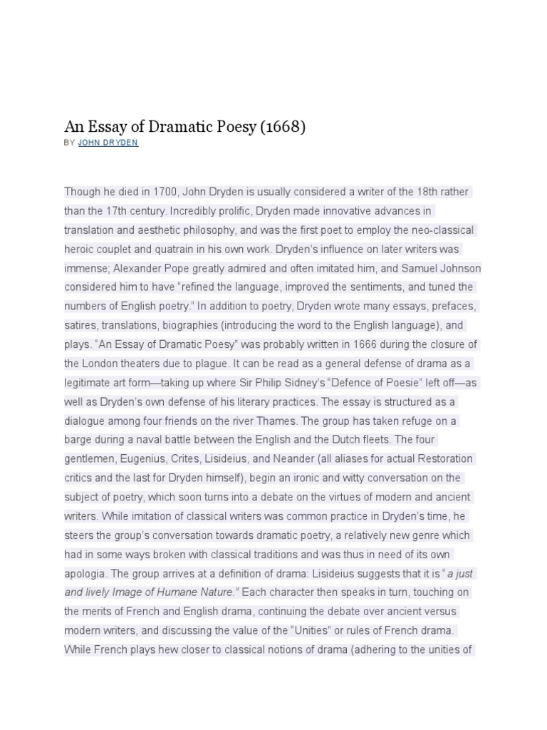 essay on dramatic poesy questions