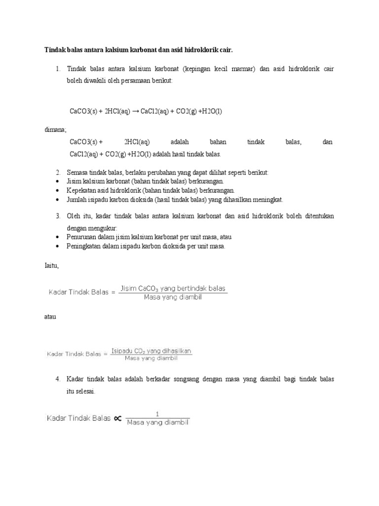 Tindak Balas Antara Kalsium Karbonat Dan Asid Hidroklorik Cair Pdf