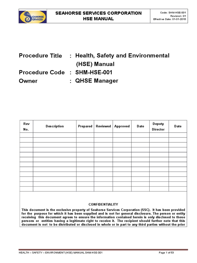 SHM HSE 001 Health Safety Environment Manual Occupational Safety And Health Risk Assessment