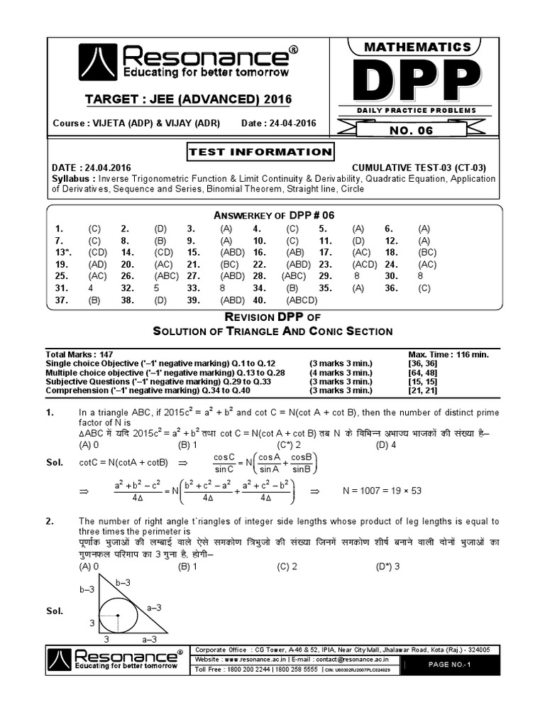 (1026) DPP 6 Solutions of Triangle and Conic Section B.PDF - TMP | PDF ...