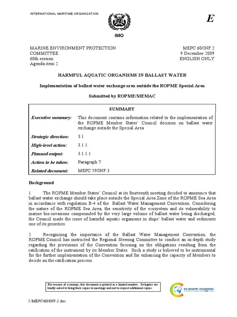 MEPC60InF.2 ROPME Ballast Water Requirements Ships Government