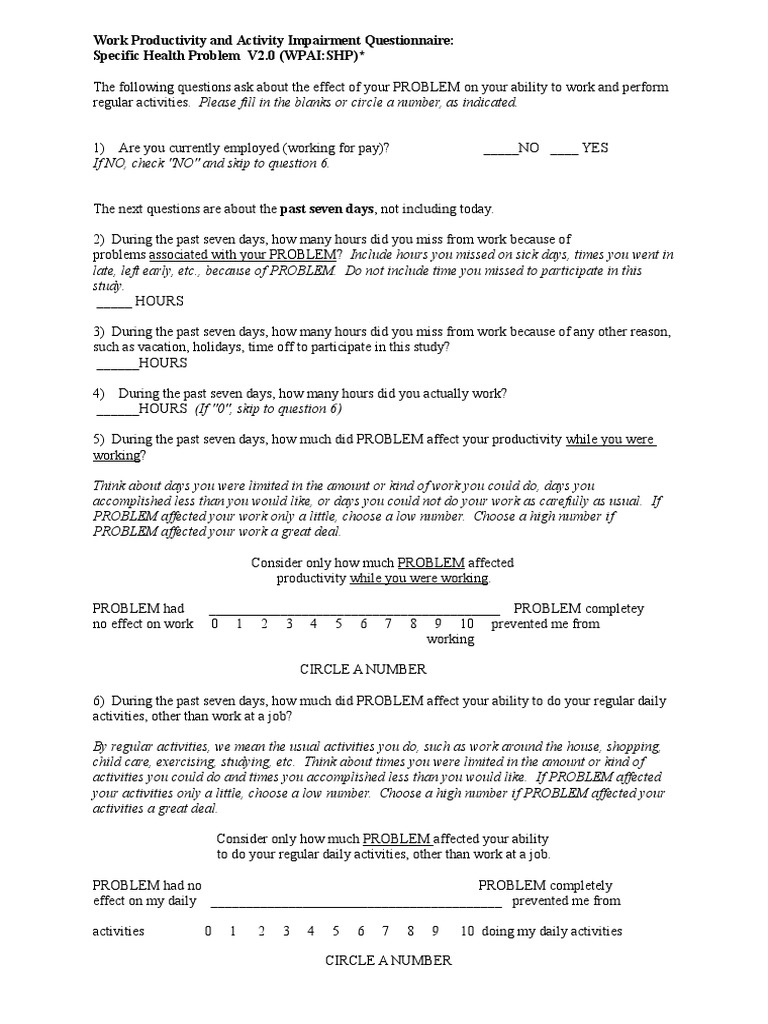 Work Productivity and Activity Impairment Questionnaire PDF Percentage Clinical Trial