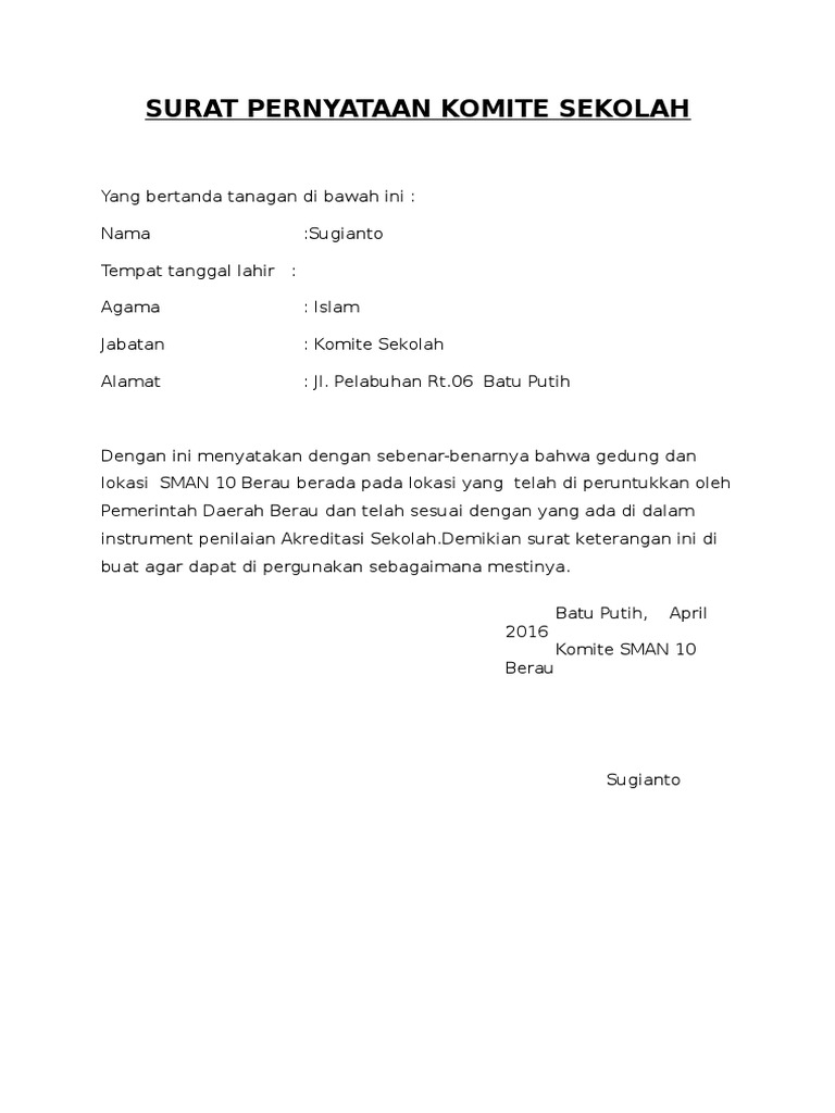 Surat Pernyataan Komite Sekolah