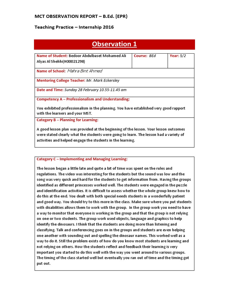 B.Ed. Teaching Practice Observation Report | PDF | Educational ...