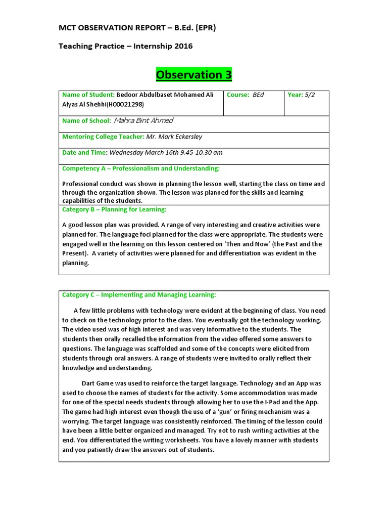 B.Ed. Internship Observation Report | PDF | Educational Assessment ...