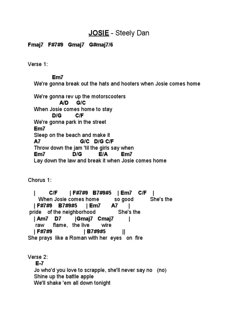 Josie Chord Chart With Lyrics Steely Dan Pdf Song Structure Music Theory