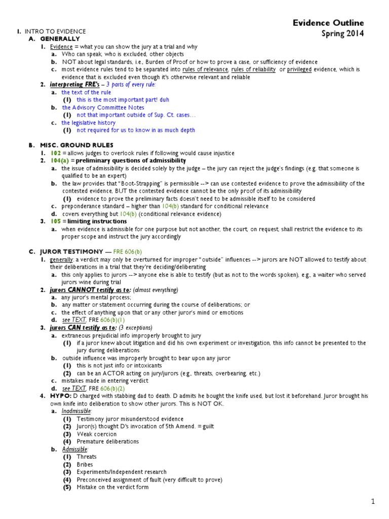 Spring 2014: Evidence Outline | PDF | Relevance (Law) | Evidence (Law)