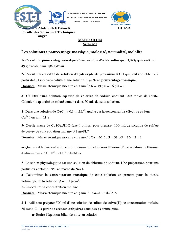 Calculs de Concentration en Chimie | PDF | Concentration molaire ...
