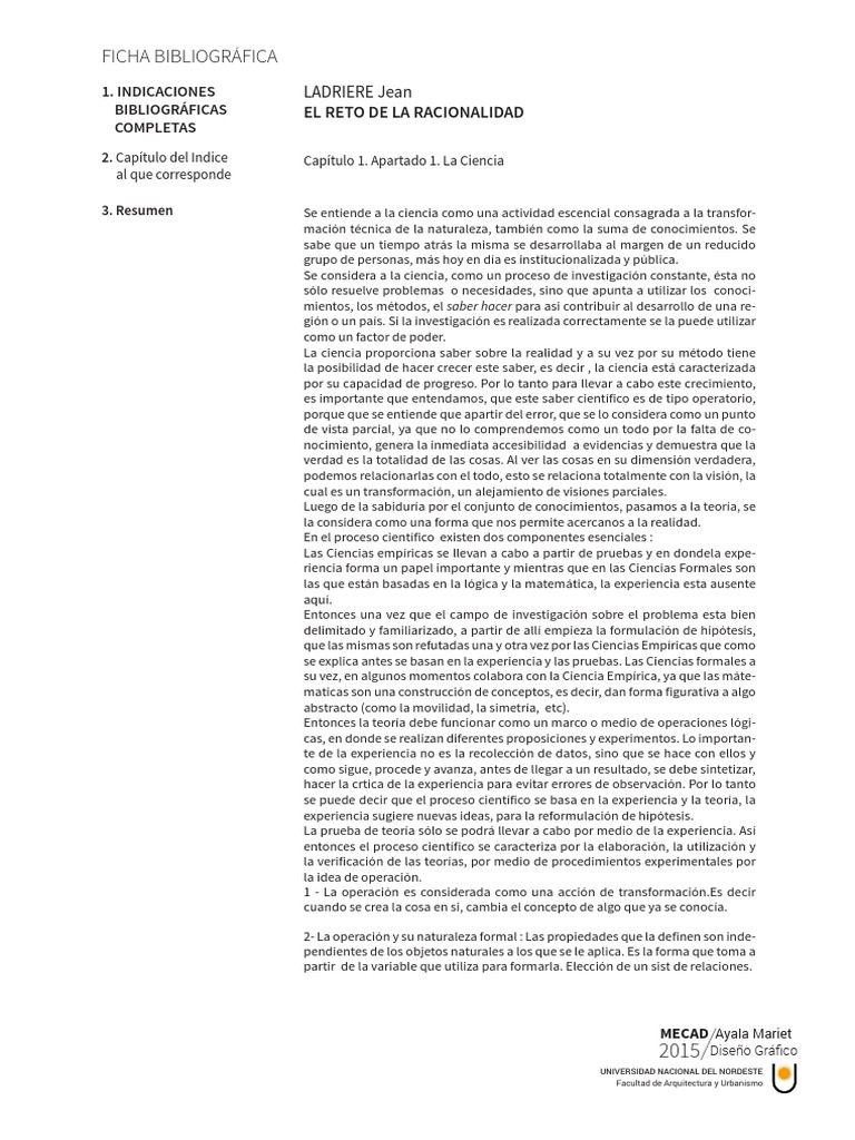 2 FICHA BIBLIOGRÁFICA El Reto de La Racionalidad Jean Ladriere