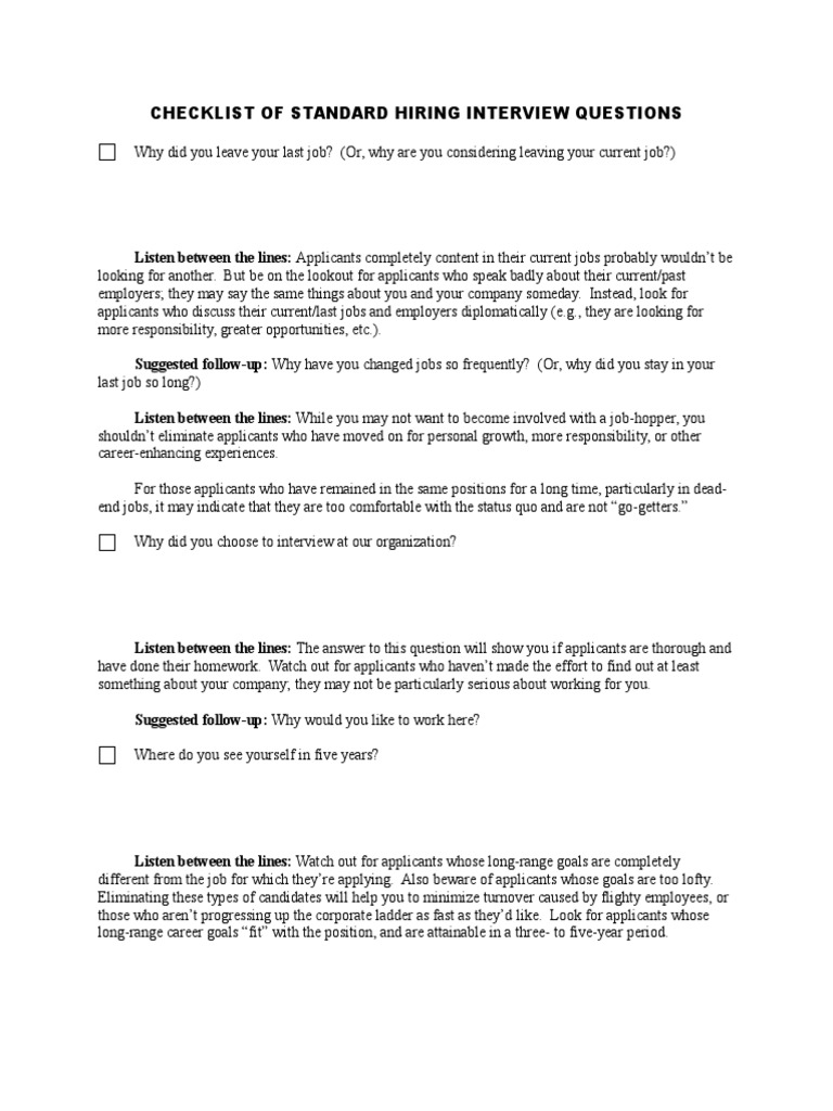 Standard Interview Questions Checklist | PDF