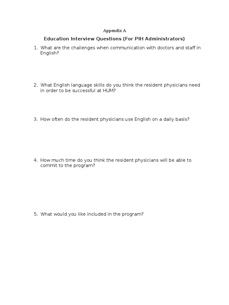 Education Interview Questions (For PIH Administrators) : Appendix A ...