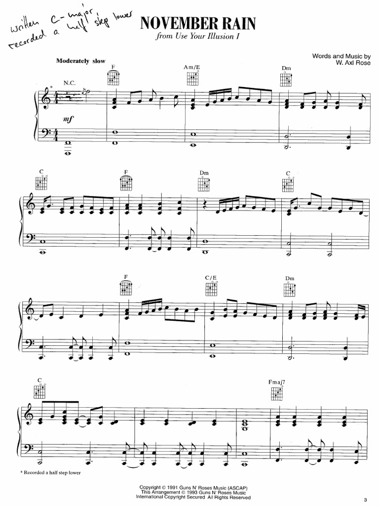 Guns N Roses November Rain Sheet Music Piano PDF | PDF