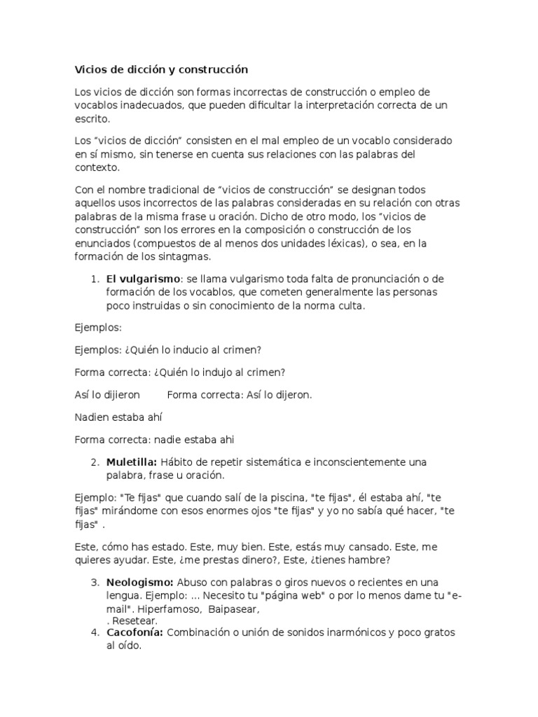 Vicios de dicción y construcción Palabra Oración