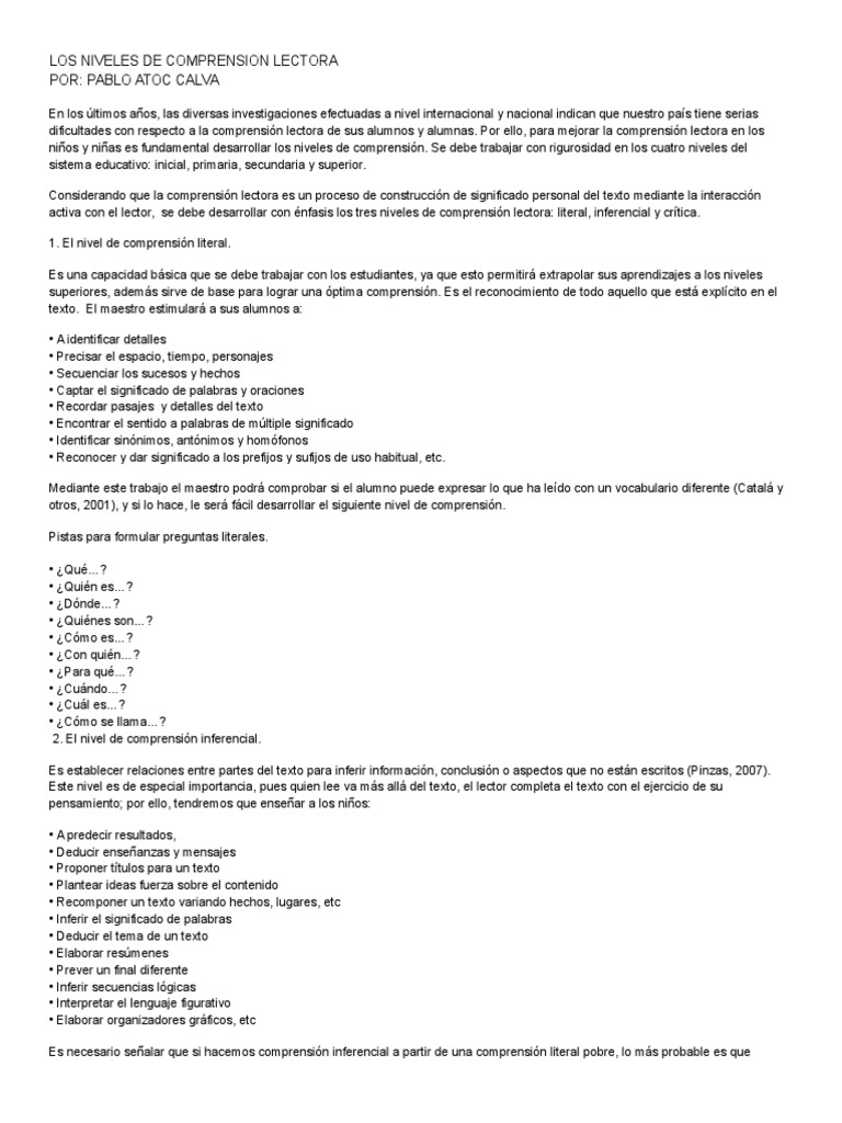 Los Niveles de Comprension Lectora | PDF | Comprensión lectora ...