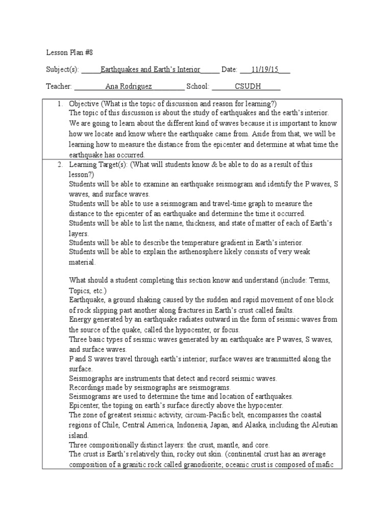 Earthquake Study Lesson Plan | PDF | Crust (Geology) | Earthquakes