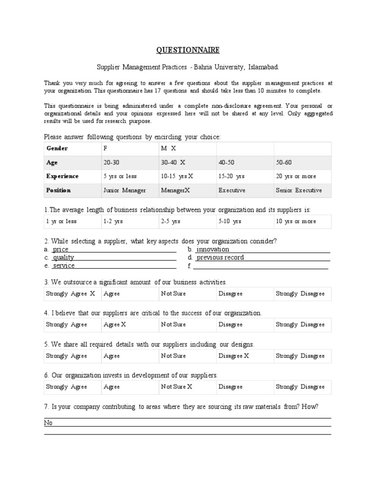 Supplier Management Practices (Questionnaire) PDF Supply Chain