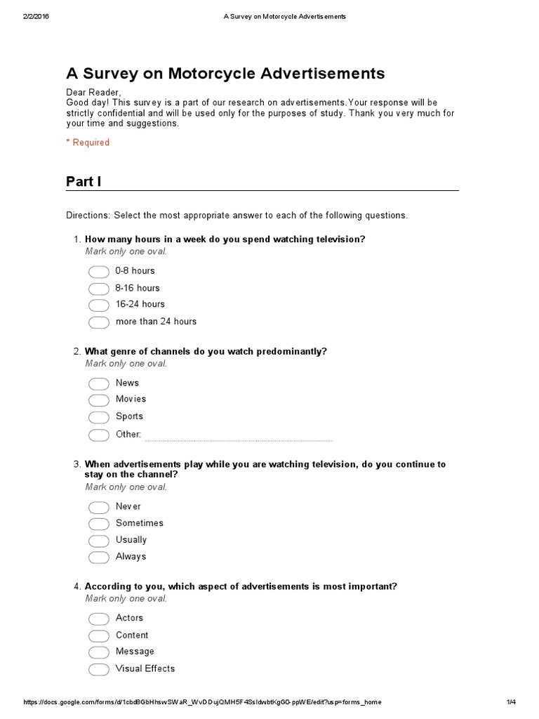 Motorcycles Advertising Survey | PDF