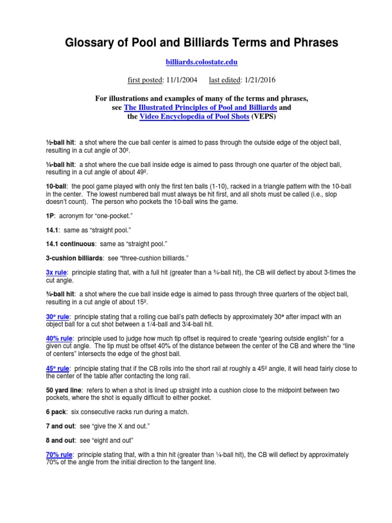 Glossary of Pool and Billiards Terms and Phrases Pool (Cue Sports