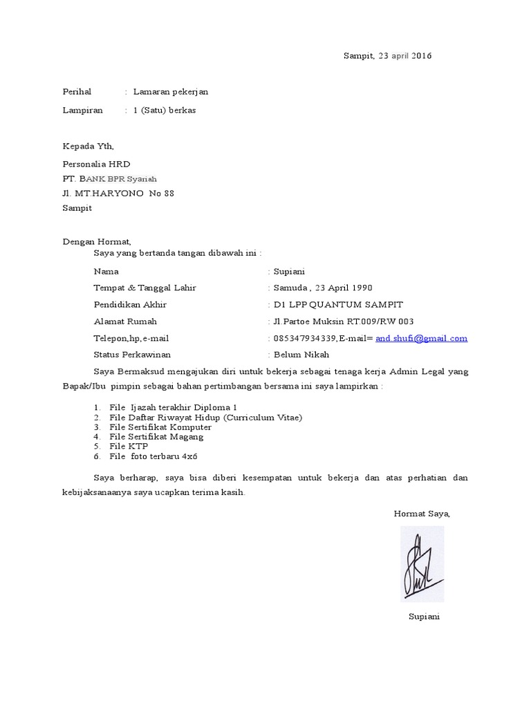 Surat Lamaran Pt Bank Bpr Syariah